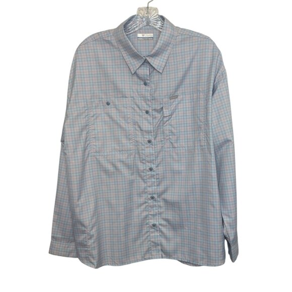 Columbia Plaid LS Shirt Womens 1X Blue Pink New Omni Wick Shade Fishing - Picture 1 of 13